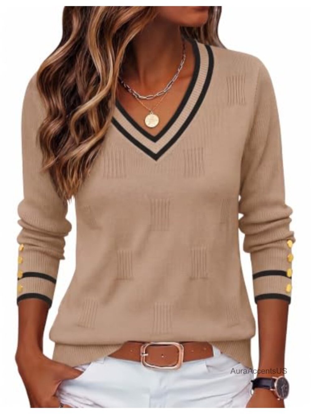 V Neck Lightweight Long Sleeve Knit Pullover with Button Cuffs Women's Sweater